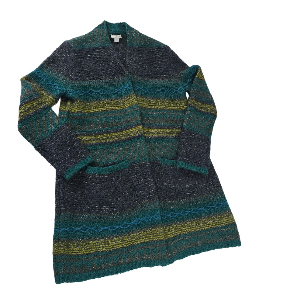J. Jill Womens Teal Green Striped Wool Blend Open Front Longline Cardigan S